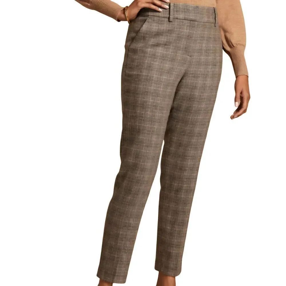 NWT Talbots Pants Women's 12 Brown Plaid Luxe Italian Wool Slim Ankle